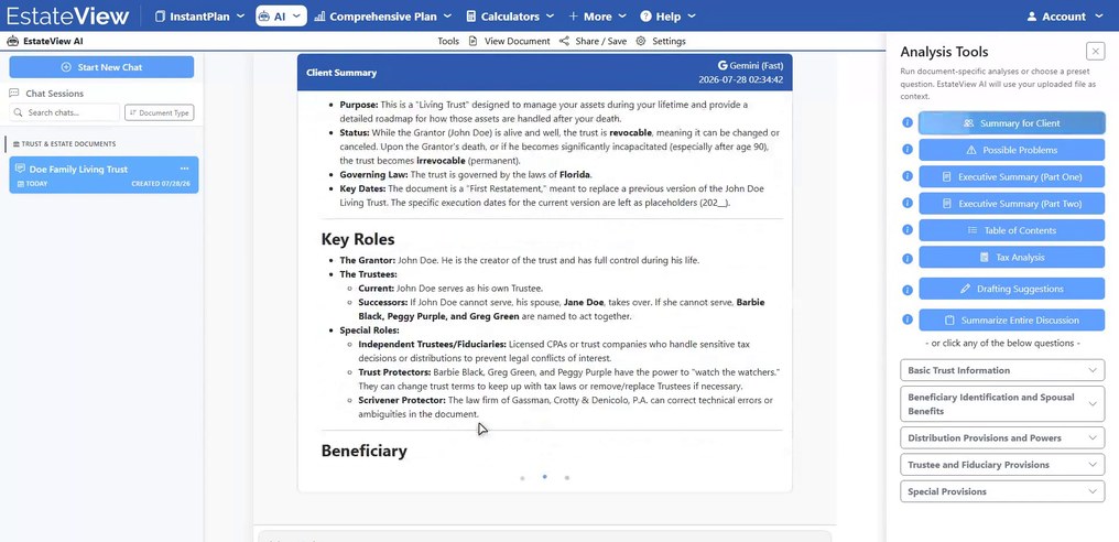 An EstateView AI analysis in progress: a client summary with key roles — grantor, trustees, successors — beside the full list of analysis tools, from executive summaries to drafting recommendations.