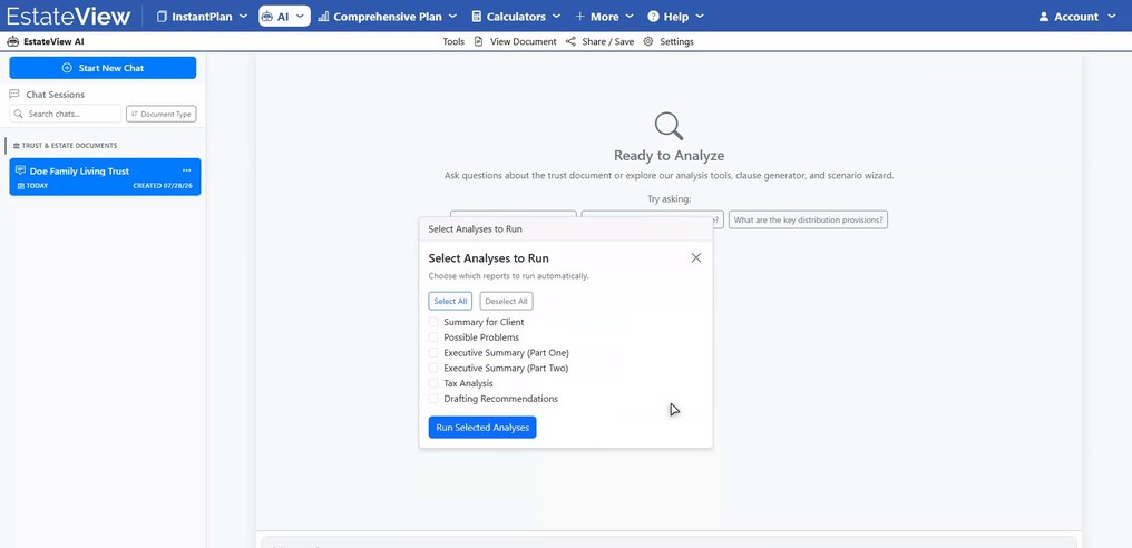 EstateView AI ready to analyze an uploaded trust document, with the list of analyses to run: summary for client, possible problems, drafting recommendations and more.