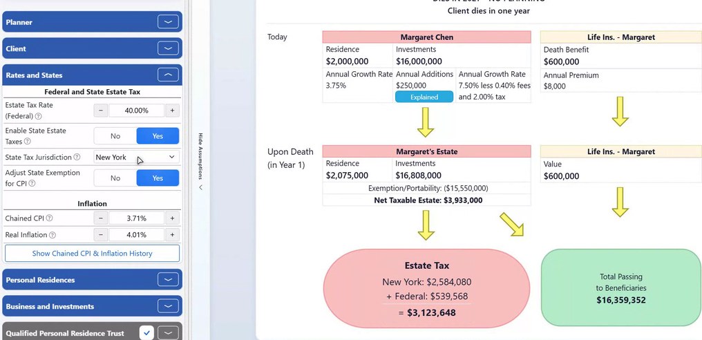 EstateView modeling the same client under New York: $2,584,080 of New York estate tax and $539,568 federal shown in the estate diagram, with $16,359,352 passing to beneficiaries.