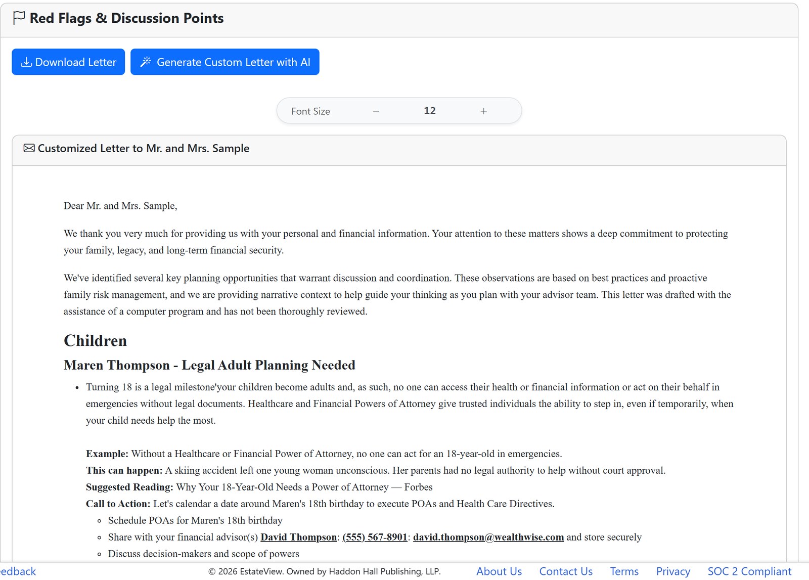 EstateView's Red Flags & Discussion Points for the sample family: a customized letter to Mr. and Mrs. Sample flagging that a granddaughter turning 18 needs healthcare and financial powers of attorney, with an example, a suggested reading, and a call to action naming the family's advisor.